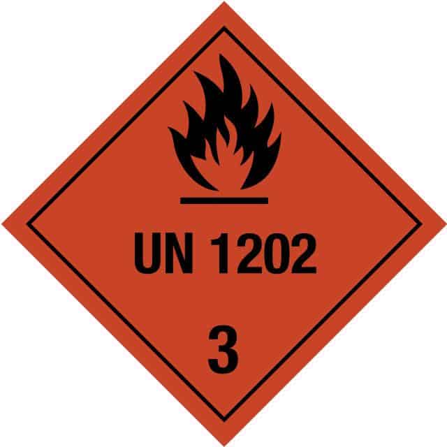 Gefahrgutetikett Klasse 3, UN 1202, Flamme auf rotem Grund