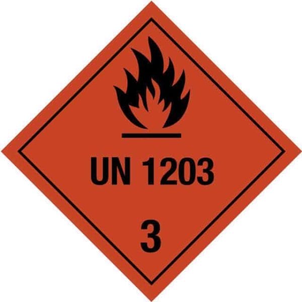Gefahrgutetikett Klasse 3, UN 1203, Flamme auf rotem Grund