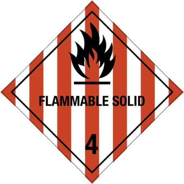 Gefahrgutetikett Klasse 4.1, flammable solid, Flamme auf senkrecht rot-weiß gestreiftem Grund