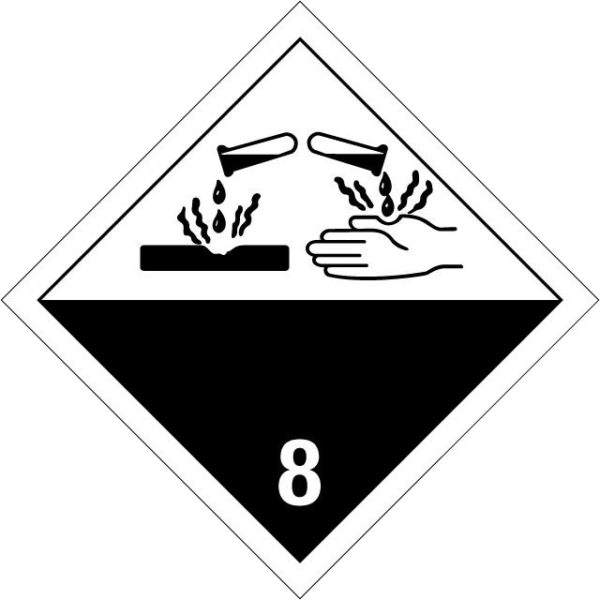 Gefahrgutetikett Klasse 8, hautätzend, weiß-schwarz, Piktogramm "Ätzwirkung"