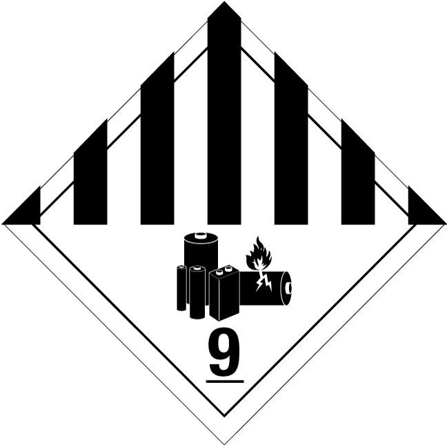 Gefahrgutetikett Klasse 9A, Lithium Batterien, schwarz-weiß gestreift, Piktogramm "Batterien"