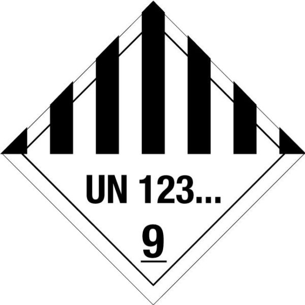 Gefahrgutetikett Klasse 9, UN 123, schwarz-weiß gestreift